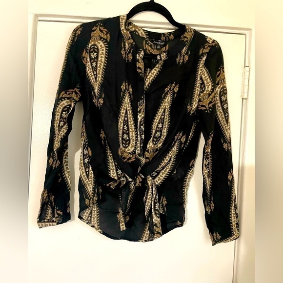 Lucky Brand black Paisley bellflower long sleeve tie up button down top size XS - Picture 2 of 8